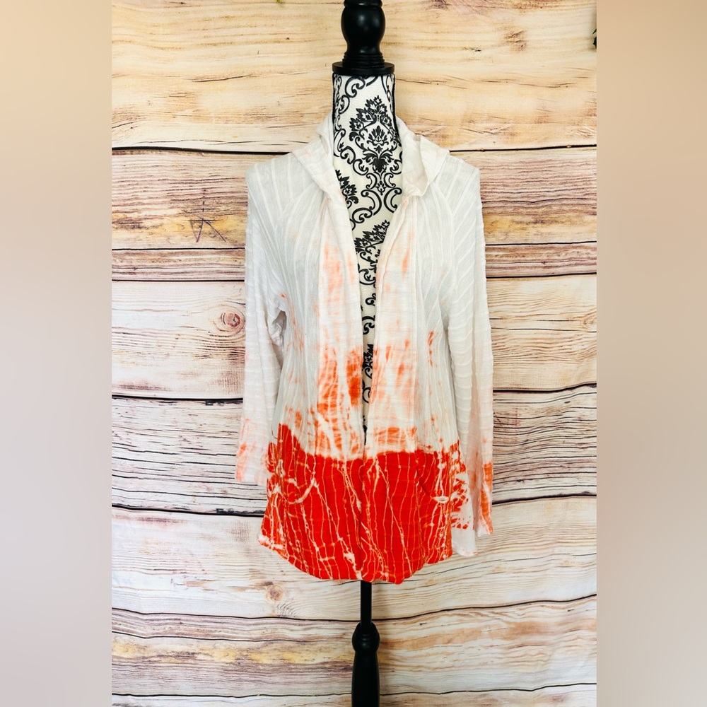 Zenergy by Chico’s Women’s White Orange Tie Dye Open Front Hooded Cardigan 2(L)